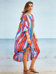 Striped Loose Pocket Cardigan Vacation Beach Cover-Up Swimwear