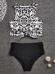 Animal Print Color-Block Round-Neck Split Bikini Swimsuit