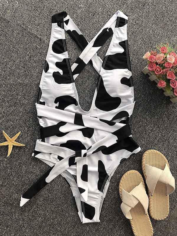 Cow Pattern Deep V-Neck Bandage One-Piece Swimwear