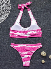 Tie-Dyed Abstract Printed Halterneck Knotted Split Bikini Swimsuit