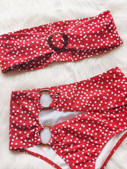 Polka-Dot Embellished Hollow Bandeau Split Bikini Swimsuit