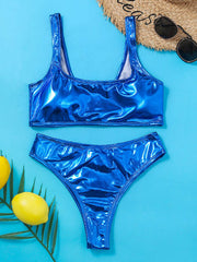 Solid Color Sleeveless PU Leather More Coverage Bikini Swimwear