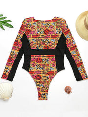 Ethnic Printed Split-Joint See-Through V-Neck One-Piece Wetsuit