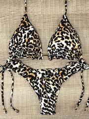 Leopard Print Ruffled Triangles Bandage Split Bikini Swimsuit