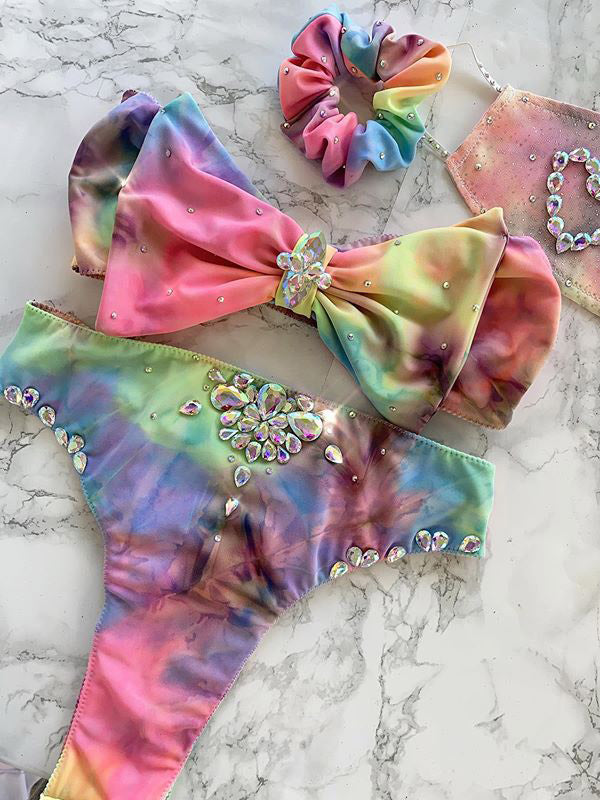 Tie-Dye Diamond-Embellished Bowknot Split Bikini Swimsuit