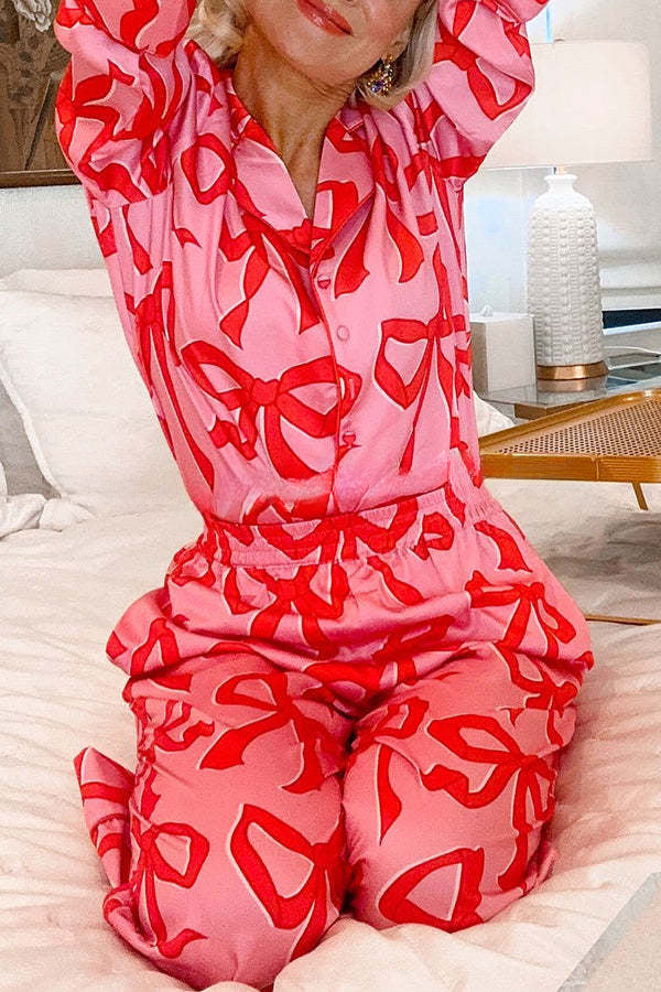 Give You A Surprise Gift Bow Printed Elastic Waist Pocketed Pajama Set