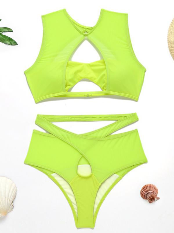 Fluoreszierender Bikini-Badeanzug mit Hohlsaum und Schlitz 