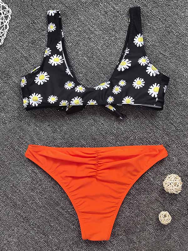 Floral-Print Color-Block Knotted Split Bikini Swimsuit