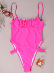 Solid Color Spaghetti-Neck Hollow One-Piece Swimwear