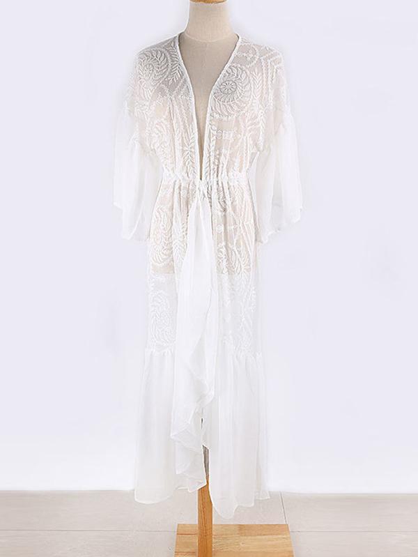 See-Through Split-Joint Embroidered Falbala Tunicshang Cover-Ups