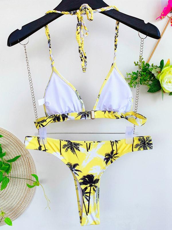 Leaf Printing Triangles Halterneck Split Bikini Swimsuit