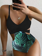 Monokini Spaghetti-Neck Monstera Ceriman Color-Block One-Piece Swimwear