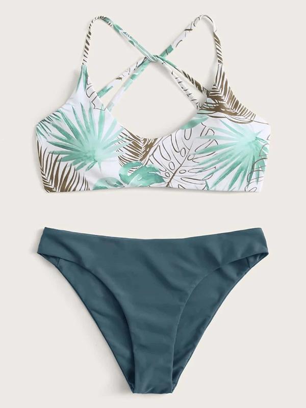 Rückenfreier Bikini-Badeanzug mit Blumenmuster und Schlitz in Kontrastfarbe 