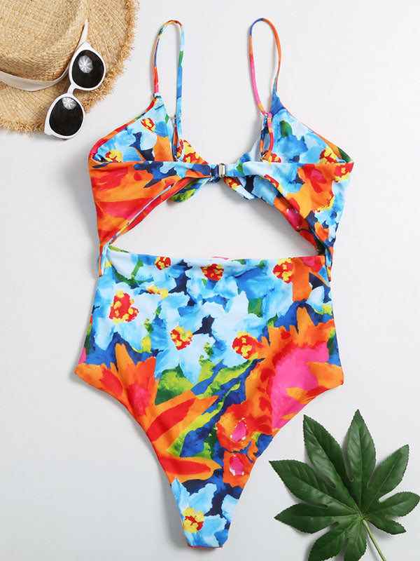 Floral-Print Split-Joint Hollow Sexy One-Piece Swimwear