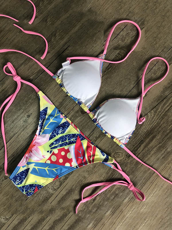 Sexy Floral Printed Triangles Bandage Bikini Swimsuit