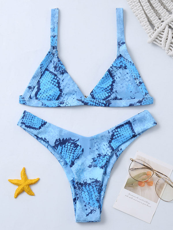 Snake-Print Triangles Split Bikini Swimsuit