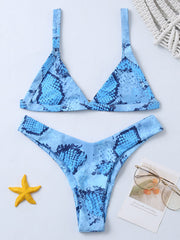 Snake-Print Triangles Split Bikini Swimsuit