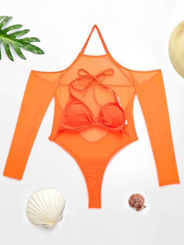 Solid Color See-Through Gauze Wetsuits+Triangles Swim Top