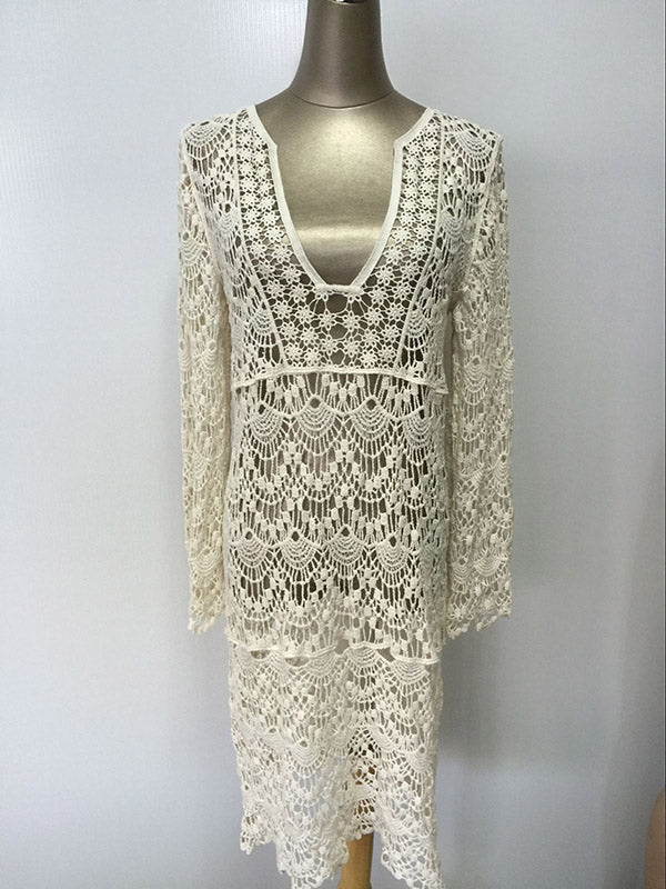 Hollow Lace Deep V-Neck Cover-Ups Tops Mini Dress