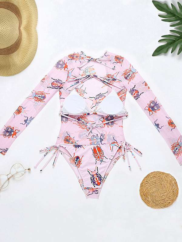 Long Sleeve Floral Mesh Three Pieces Bikini Swimwear