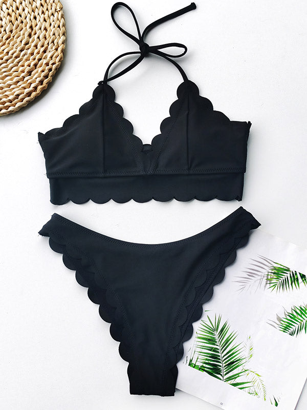 Solid Color Cropped Halterneck Split Bikini Swimsuit