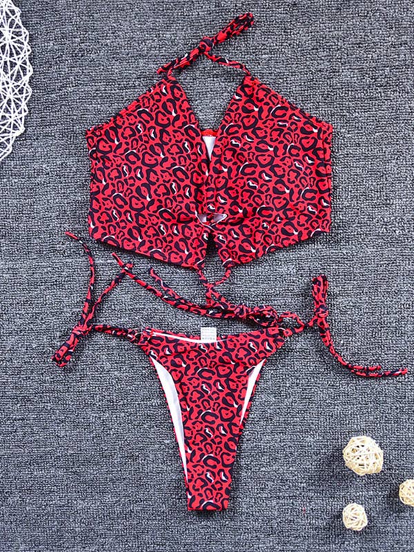 Leopard Print Bandage Drawstring Sexy Bikinis Swimwear