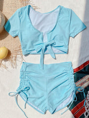 Simple Short Sleeve Bandage High-Waisted Drawstring Briefs Tankini Swimwear