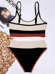 Solid Color Color-Block Spaghetti-Neck Split Bikini Swimsuit