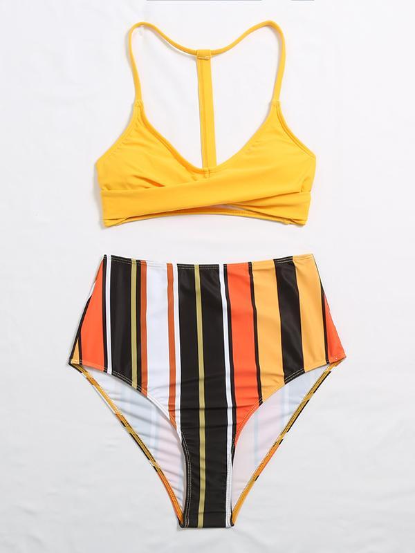 Striped Printed Color-Block Backless Split Bikini Swimsuit