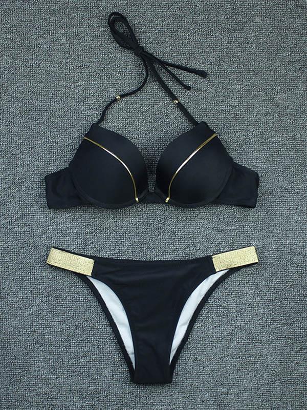 Solid Color Split-Joint Underwired  Split Bikini Swimsuit