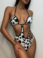 Halterneck Cow Print Irregular Cropping Hollow Monokini Swimwear