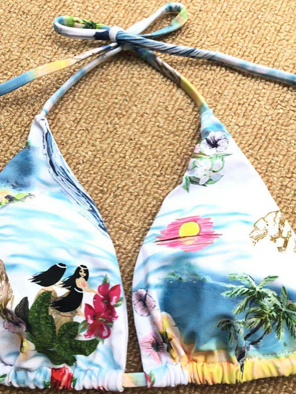 Triangle Floral-Printed Lace-Up Bikini Swimsuit