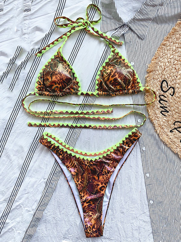 Floral Halterneck Backless Triangles Brazilian Bikini Swimwear