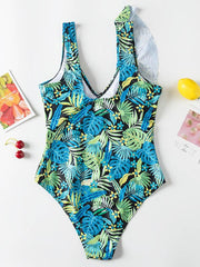 Leaf Printing Asymmetric Flared Sleeves One-Piece Swimwear