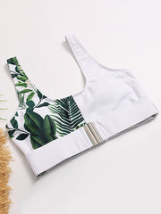 Asymmetric Floral-Print Split-Joint Embellished Split Bikini Swimsuit