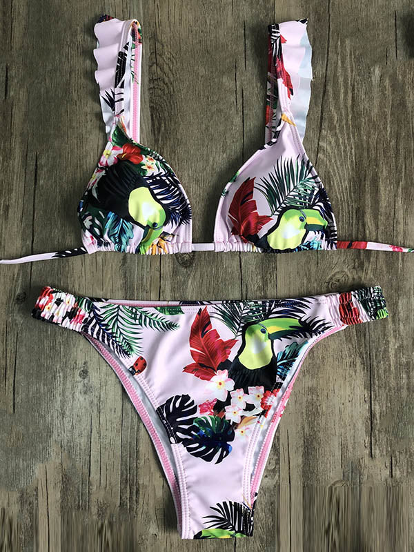 Bandage-Bikini-Badeanzug mit Blumenmuster und Dreiecken 