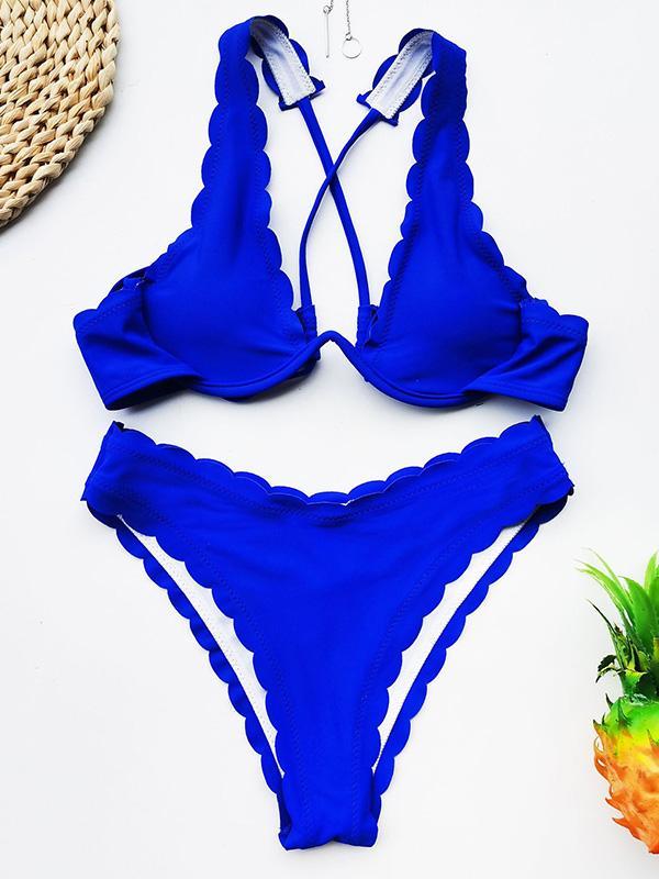 Solid Color Fringed Underwired Split Bikini Swimsuit