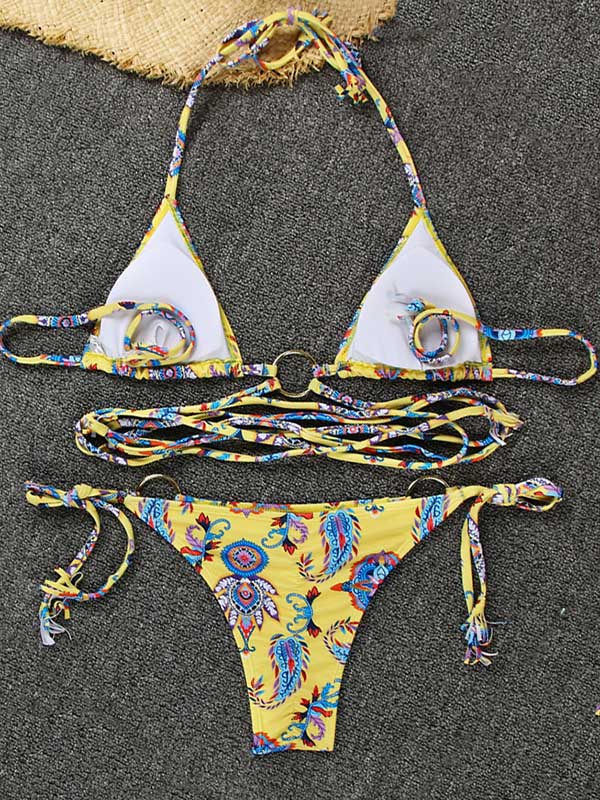 Rückenfreier Bikini-Badeanzug mit Leopardenmuster, Bandage und Dreiecken 