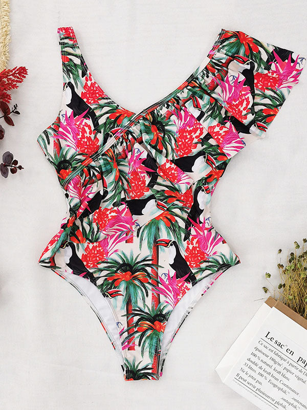 Ruffled Floral V-Neck One-Piece Swimwear