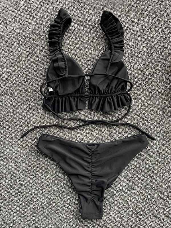 Solid Color Ruffled Triangles Split Bikini Swimsuit