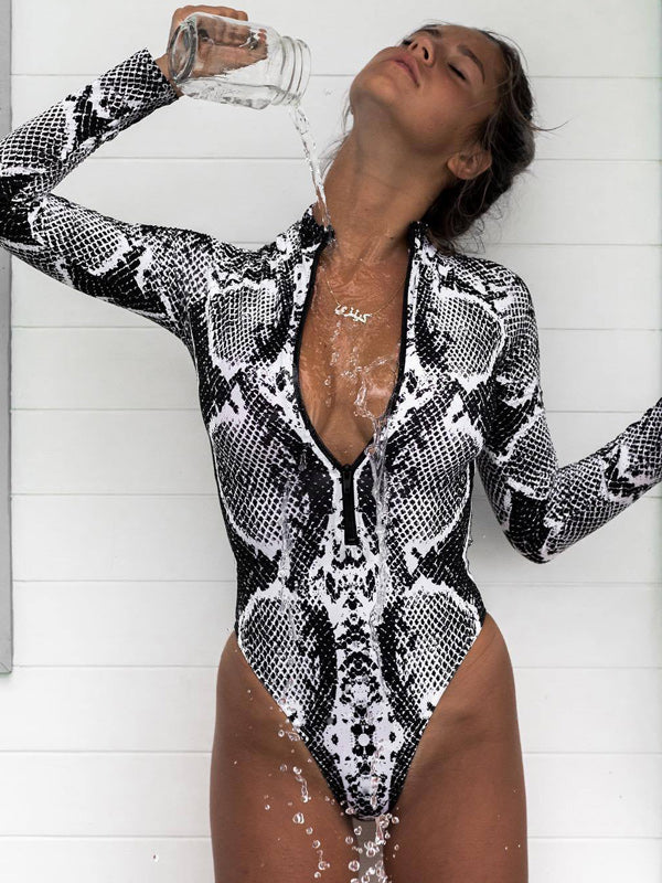 Animal Print High-Neck Zipper Long Sleeve One-Piece Wetsuit