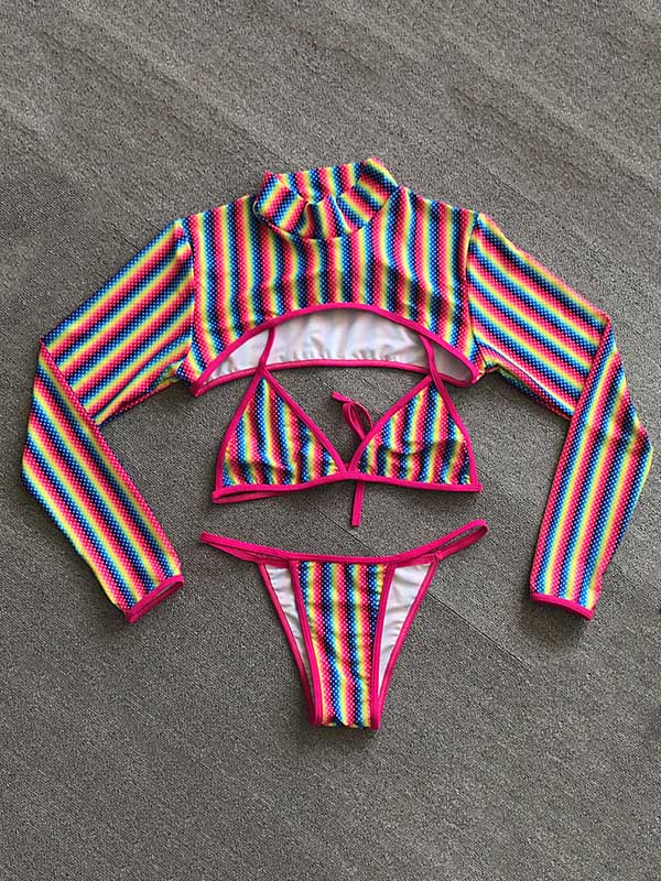 Rainbow Striped Cover-Ups Tops+Triangles Split Bikini Swimsuit Three-Piece Set