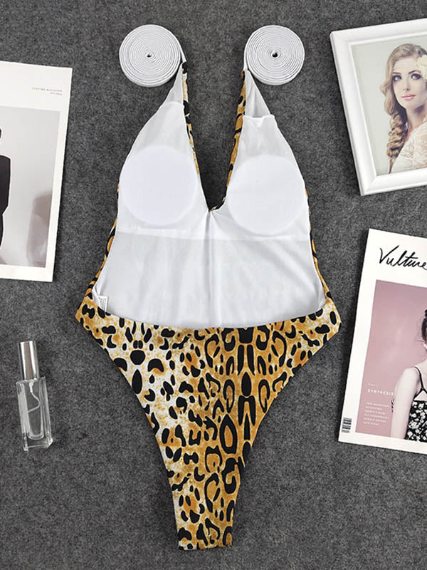 Animal Print Backless Bandage One-Piece Swimwear