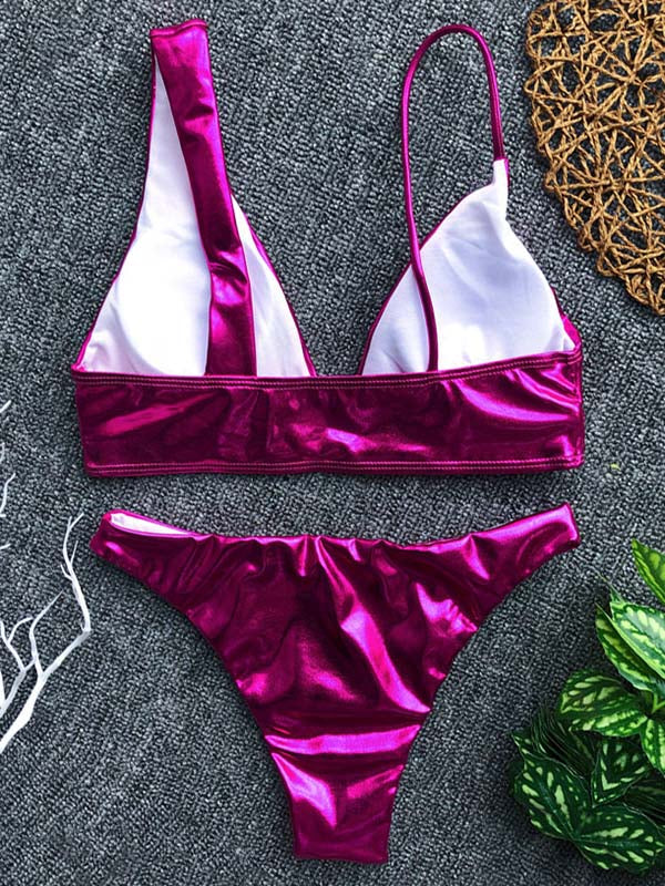 Solid Color Sequined Leather V-Neck Split Bikini Swimwear