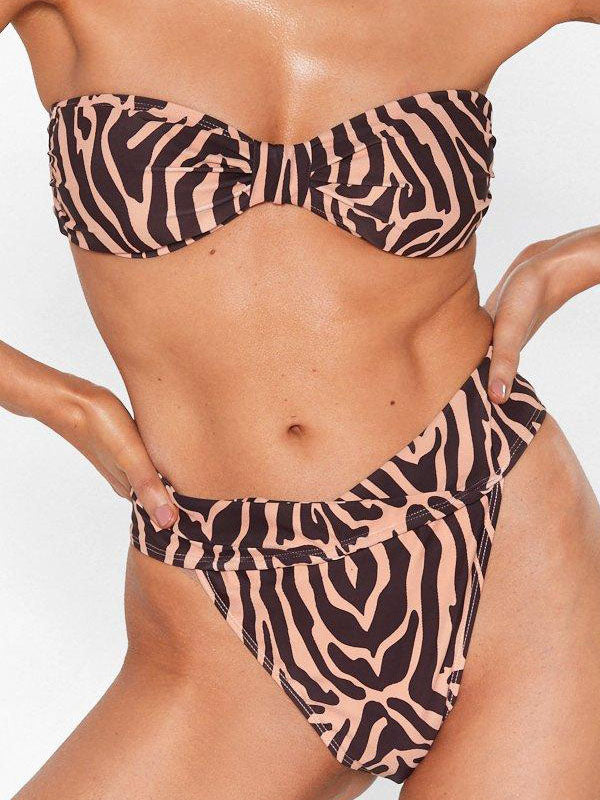 Leopard Print Bandeau Split-Joint Split Bikini Swimsuit