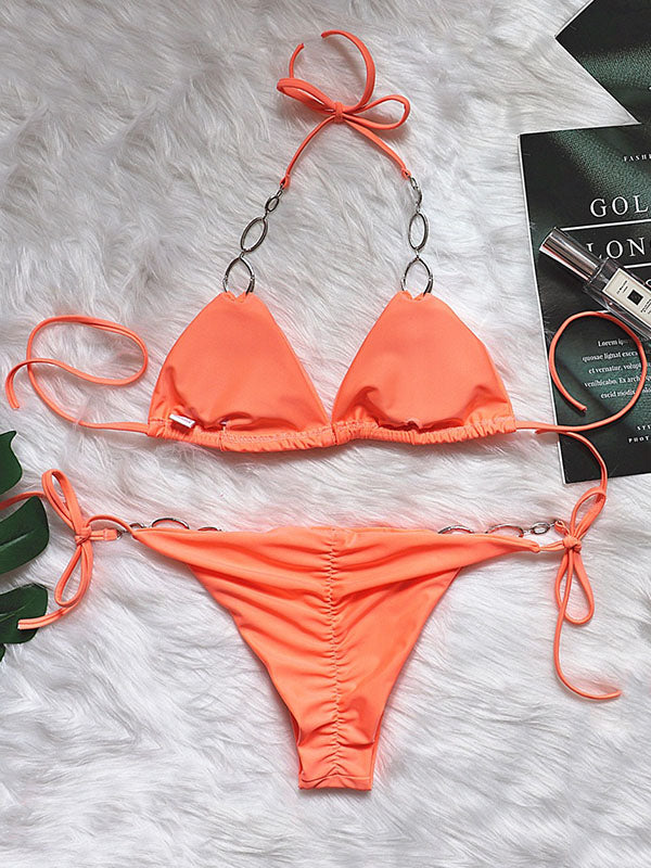 Solid Color Gorgeous Embellished Halterneck Split Bikini Swimsuit