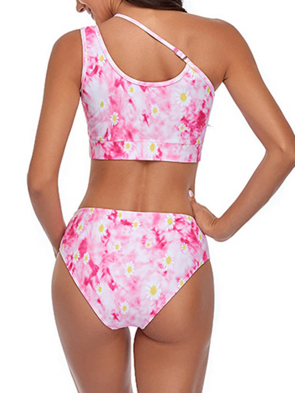 Einschultriger Bikini mit hoher Taille und Batikmuster 