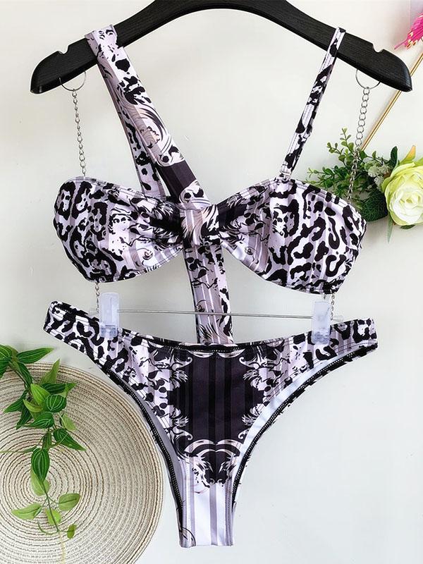 Abstract Printed Asymmetric Bandeau Split Bikini Swimsuit