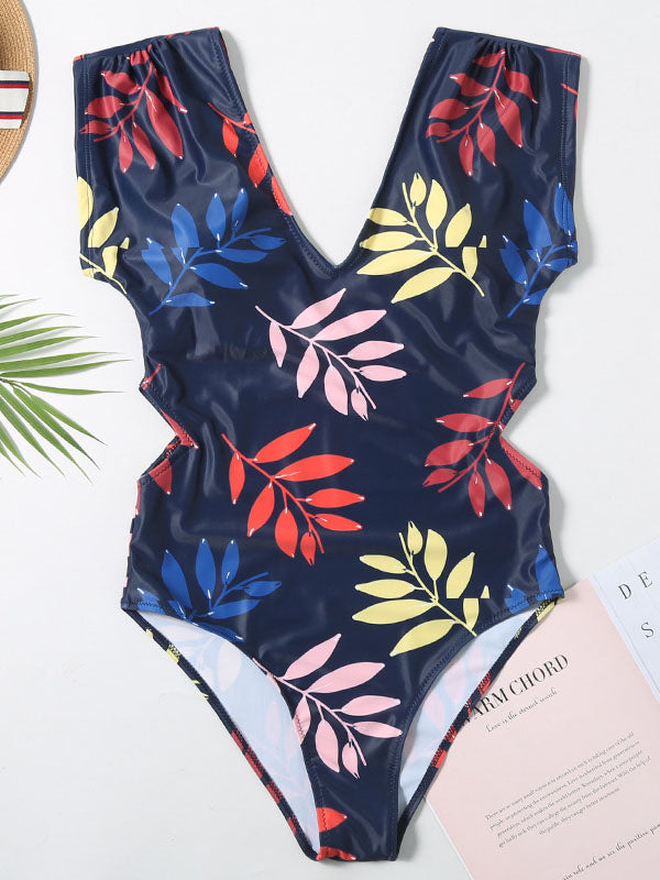 Short Sleeve V-Neck Backless Hollow One-Piece Swimwear