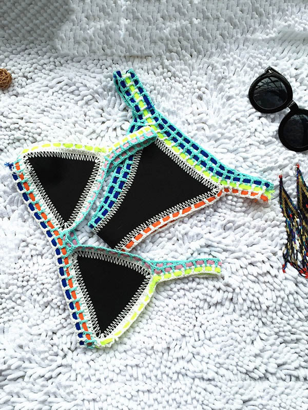 Triangle Patchwork Crochet Neoprene Bikini Swimsuit